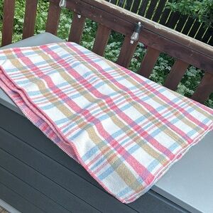 Vintage Plaid Pink, White, Tan, Blue 1970s Blanket/Throw very pretty 75”x 79”